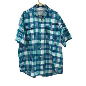 Columbia Super Bahama PFG Shirt Mens XL Blue Plaid Vented Omni-Shade Used